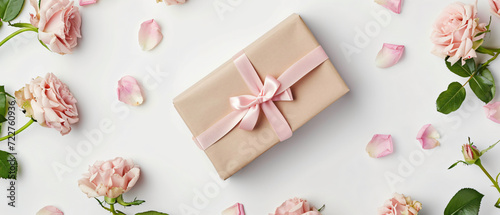 A beautiful gift near of beautiful pink roses on white background