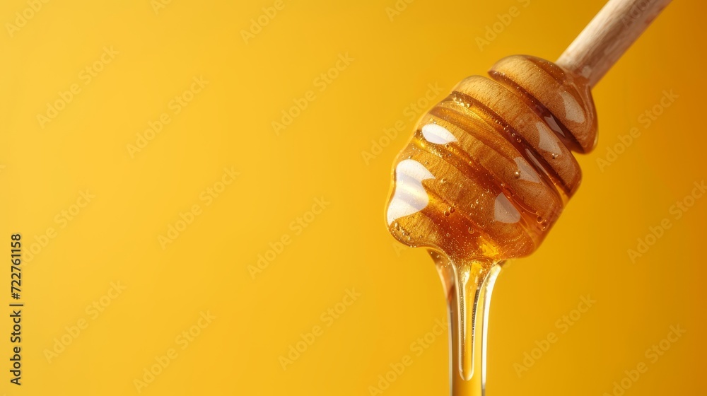 honey dripping from a wooden honey dripper over yellow background honey dripping from a wooden honey dripper over yellow background
