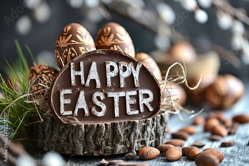 Background with Happy Easter title, chocolate eggs theme
