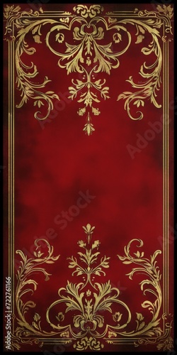 Exquisite Detailed Decorative border with a Prominent embossed Golden Floral Motif set against a Deep Red Backdrop - Floral Series of Gold Patterns Background created with Generative AI Technology