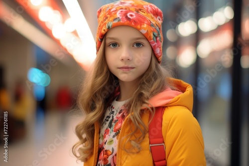 Portrait of a cute little girl in a bright yellow coat and a colorful headscarf