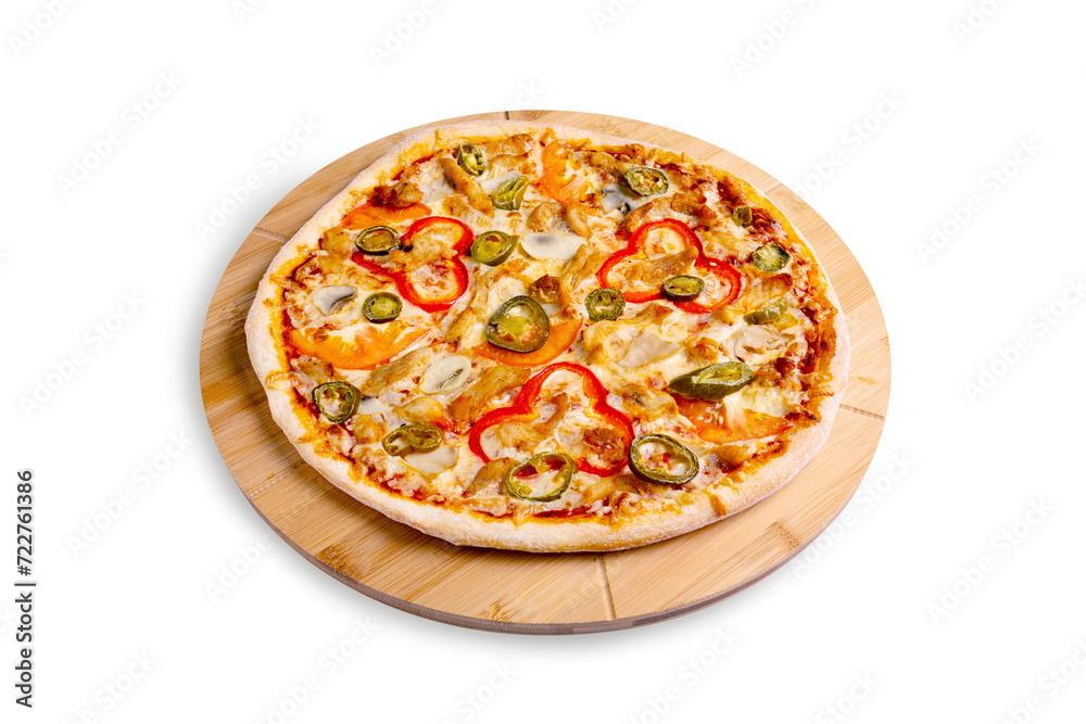 Mexican pizza with peppers, mushrooms and jalapenos on a wooden board, isolated.