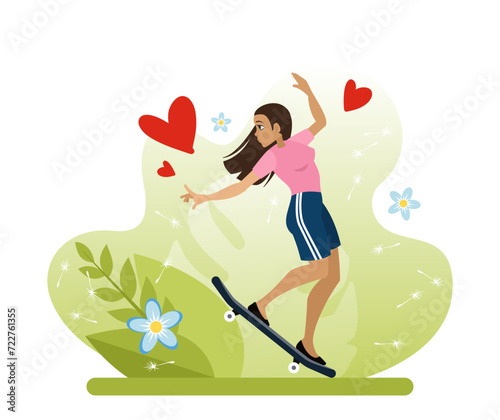 The girl is engaged in her favorite sport - doing tricks on a skateboard. The youth lifestyle is skateboarding. Flat vector illustration in cartoon style