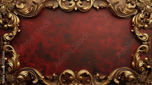 Exquisite Detailed Decorative border with a Prominent embossed Golden Floral Motif set against a Deep Red Backdrop - Floral Series of Gold Patterns Background created with Generative AI Technology