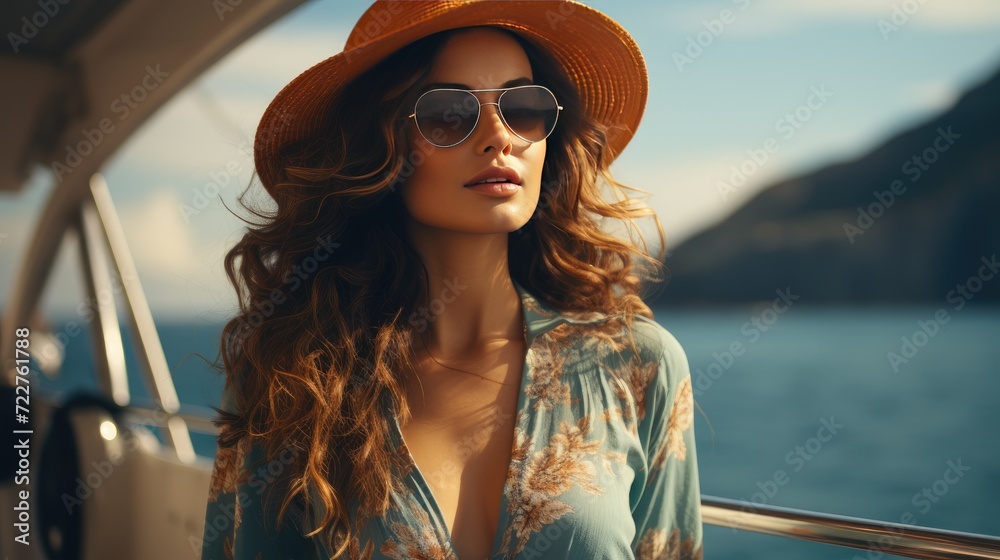 portrait of a happy young woman wearing sunglasses and a hat on the deck of a cruise ship