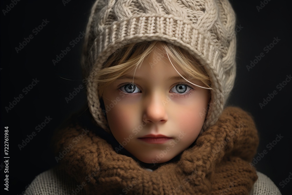 A portrait of a beautiful little girl in a knitted hat and scarf. Winter fashion. A portrait of a beautiful little girl in a knitted hat and scarf. Winter fashion.