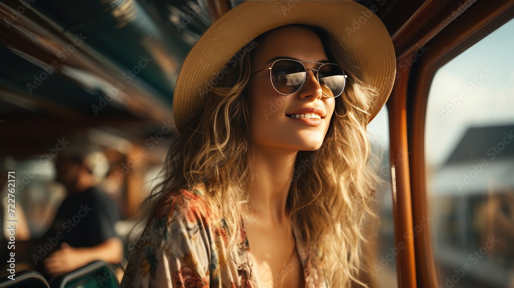 portrait of a happy young woman wearing sunglasses and a hat on the deck of a cruise ship