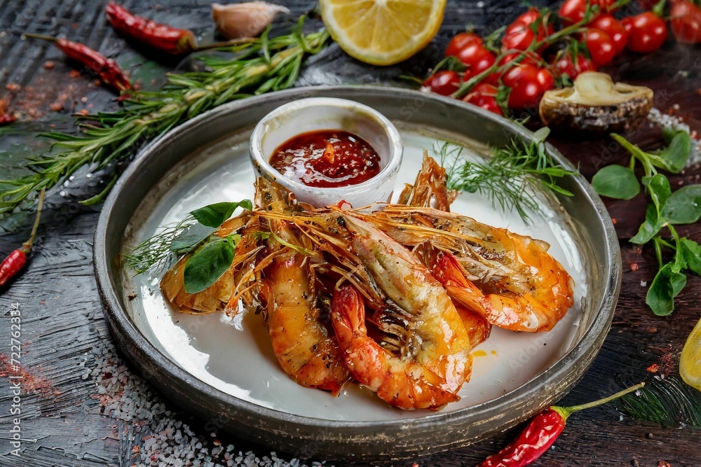 Grilled shrimp in a restaurant dish. Sea delicacies