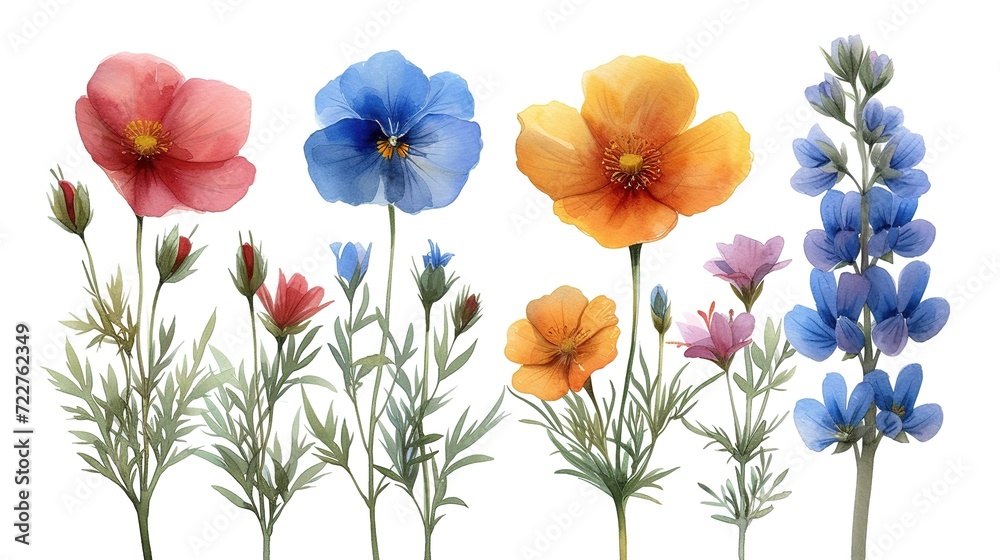Wildflowers watercolor illustration isolated on white background. Perfect for wedding invitations. Summer flowers, ,generative ai
