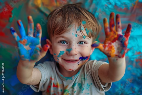 Child toddler boy got hands dirty in colorful paint. Boy is smiling to the camera
