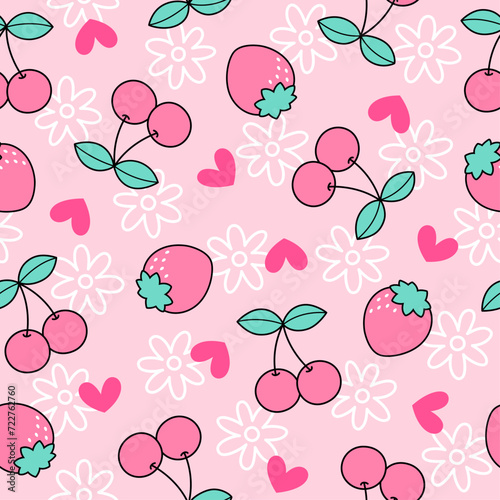Cute hand drawn strawberry, cherry and heart seamless pattern with flower background design for Valentine's Day.
