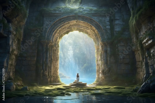 A mystical and enchanting portal shrouded in a surreal aura, its ancient and weathered stone arches beckoning explorers to step into another world. © DynaVerse3D