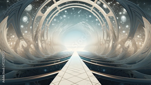 Background that features a bridge or portal connecting two different dimensions, with contrasting elements from each dimension extending in opposite directions. photo