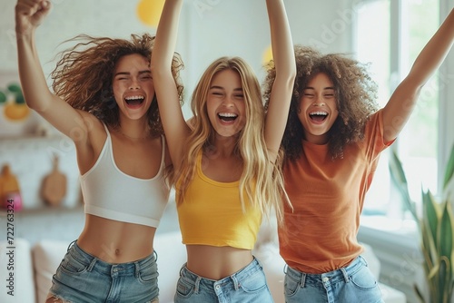 Trois jeunes femmes heureuses en train de sourire photo