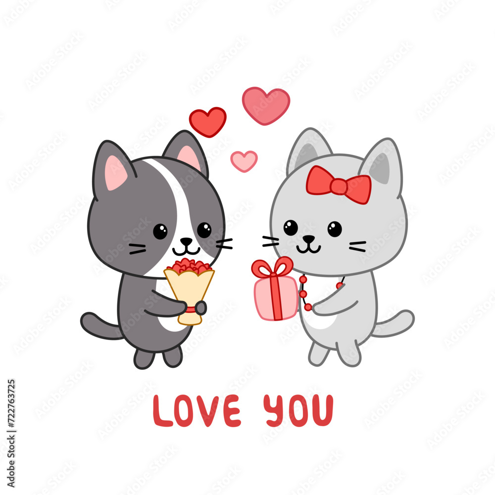 Kitten is congratulating each other by Valentine day. Love you. Card. Kawaii, cartoon, vector Kitten is congratulating each other by Valentine day. Love you. Card. Kawaii, cartoon, vector