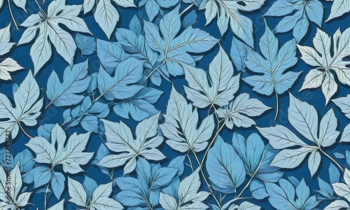 Artistic blue background with delicate skeletal leaves adorned with pale blue