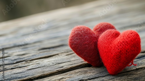 two red felted hearts on a wooden background - love romance valentines concept