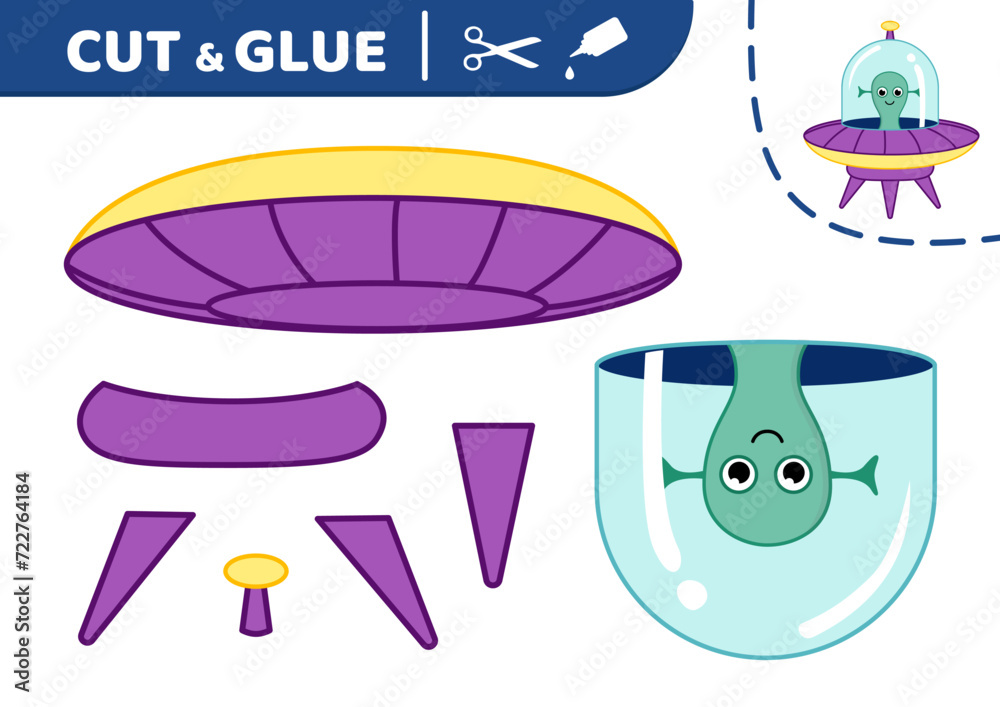 UFO in purple flying saucer. Cut and glue. UFO. Applique. Paper game. Vector UFO in purple flying saucer. Cut and glue. UFO. Applique. Paper game. Vector