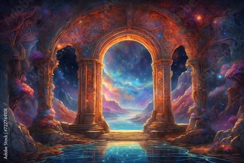 A fantastical portal, a doorway to another world, is depicted in a vivid and fantastical painting. The portal, crafted with intricate details, is embellished with ornate carvings and glowing symbols.
