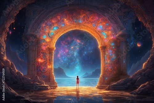 A fantastical portal, a doorway to another world, is depicted in a vivid and fantastical painting. The portal, crafted with intricate details, is embellished with ornate carvings and glowing symbols.