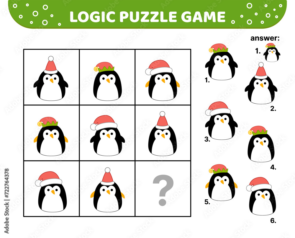 Obraz premium Logic puzzle game with penguins in Christmas hats. Squishmallow. For kids. Cartoon, kawaii, vector