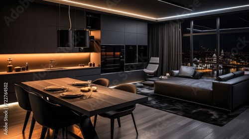 brutal interior of an ultra-modern spacious one-room apartment in dark colors super cool led lighting with kitchen, dining table and home office area