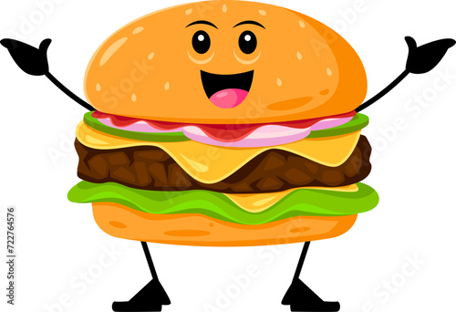 Cartoon cheerful cheeseburger funny takeaway fast food character with a big, friendly smile. Isolated vector street meal personage complete with sesame seed, cheesy slice, fresh lettuce and juicy beef