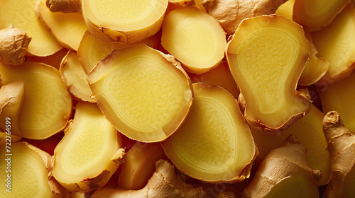 Fresh ginger slices as background, top view. Healthy food concept. photo
