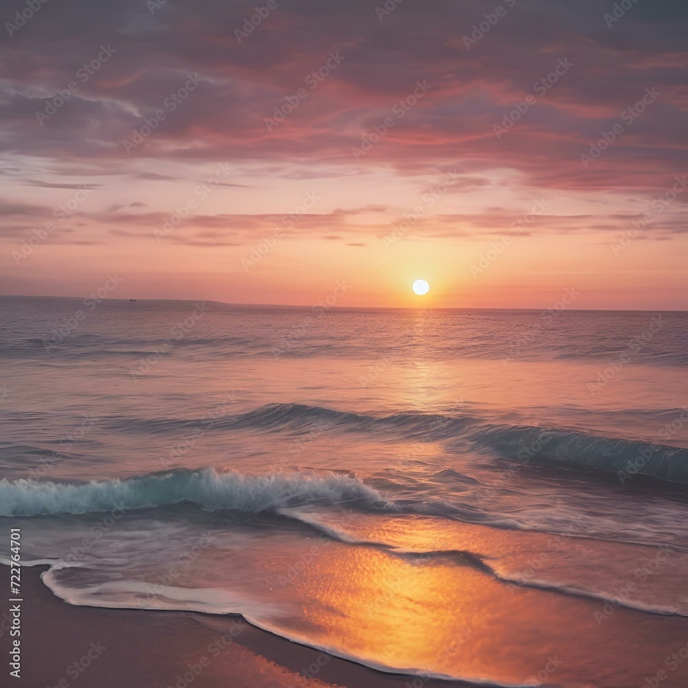 AI generated illustration of a stunning pink sunrise over the ocean with crashing waves