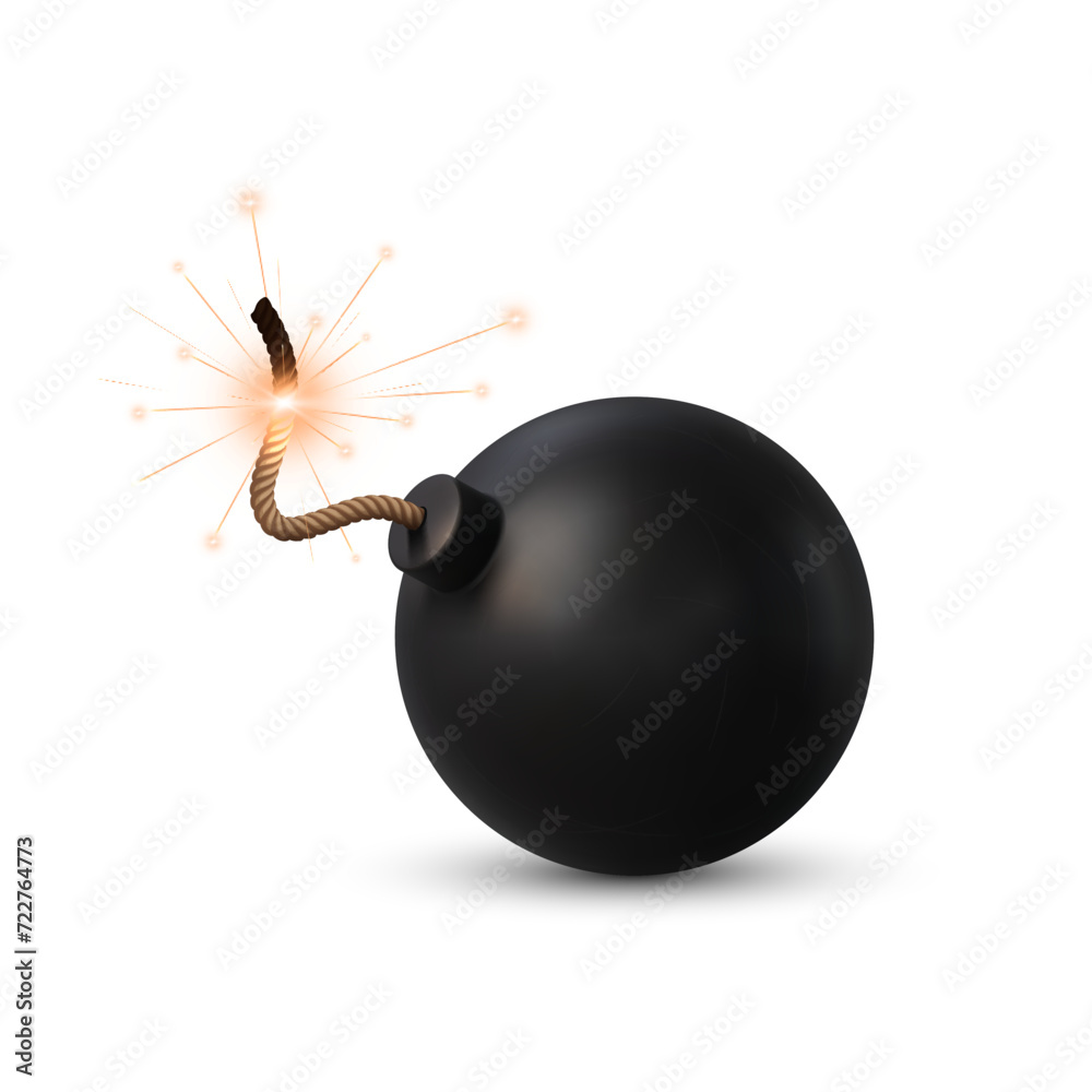 Realistic bomb with burning fuse, cannonball or TNT explosive, vector