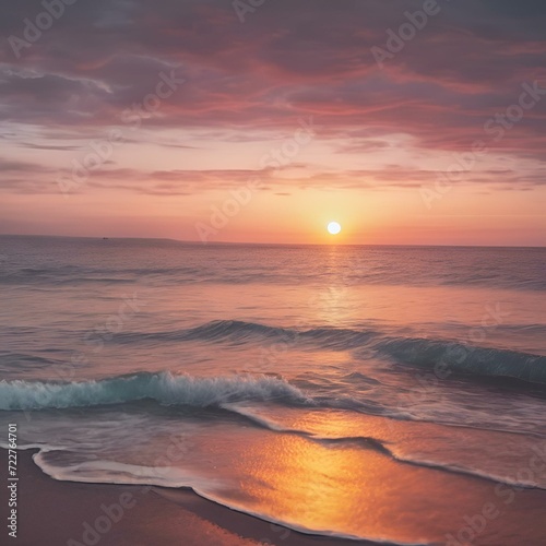 AI generated illustration of a stunning pink sunrise over the ocean with crashing waves