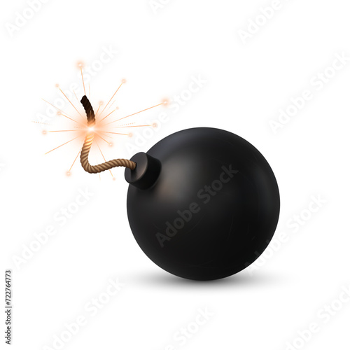 Realistic bomb with burning fuse, cannonball or TNT explosive, vector dynamite ball. Black bomb with fire wick fuse sparks for boom or detonator and explosive weapon, isolated realistic object photo