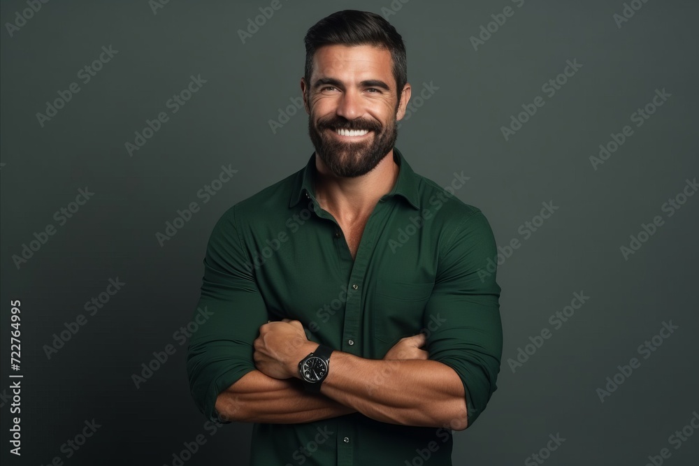 Portrait of a handsome man with beard and mustache wearing green shirt Portrait of a handsome man with beard and mustache wearing green shirt