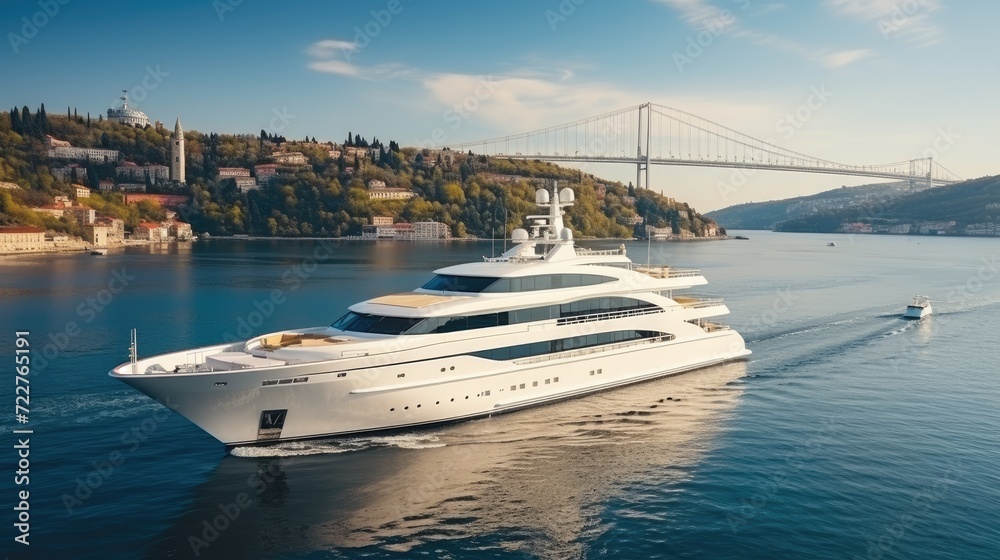 Fototapeta premium A modern, white cruise ship near the pier, side view. Travel and vacation