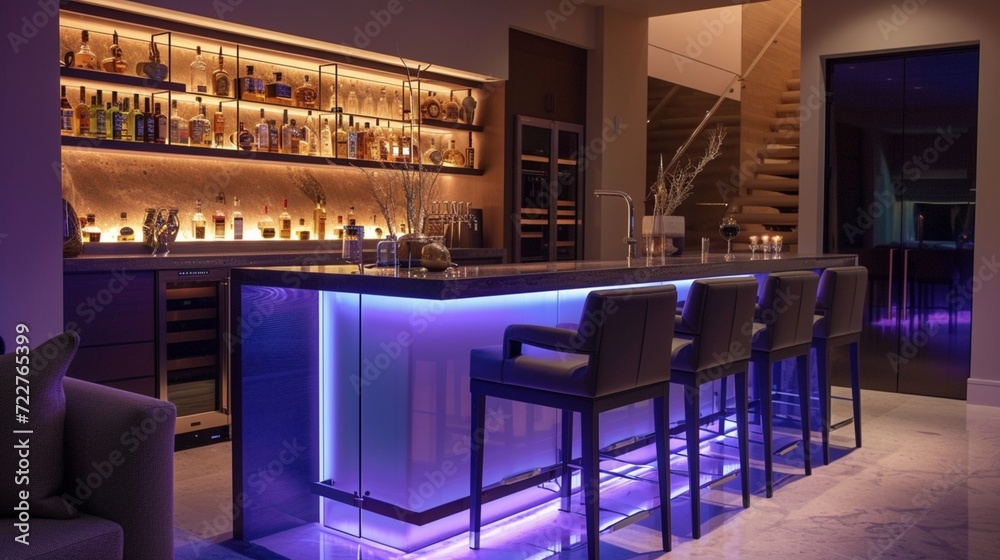 A contemporary home bar with a well-stocked liquor cabinet, stylish bar stools, and mood lighting.