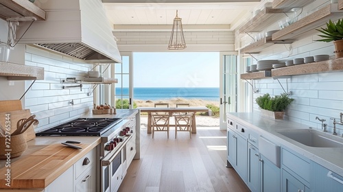 A coastal kitchen with sea-inspired colors, open shelving, and a breathtaking ocean view.