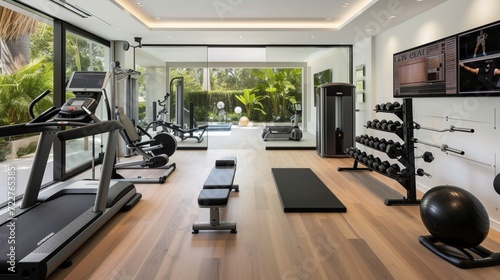 A contemporary home gym equipped with state-of-the-art fitness equipment and motivational decor.