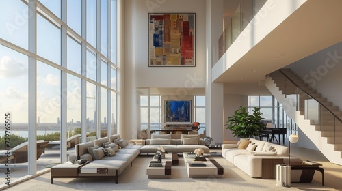 A double-height living room with large windows, contemporary artwork, and a grand staircase. © Kainat