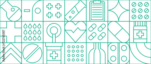 Medical health in modern line geometric pattern or mosaic tile, vector background. Medicine and pharmacy pattern in thin line geometry with pills, heart and pharmaceutical vial in geometric outline