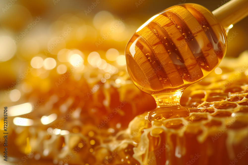 Natural Golden Honey Dripping from Wooden Dipper - Closeup Shot - obrazy, fototapety, plakaty 