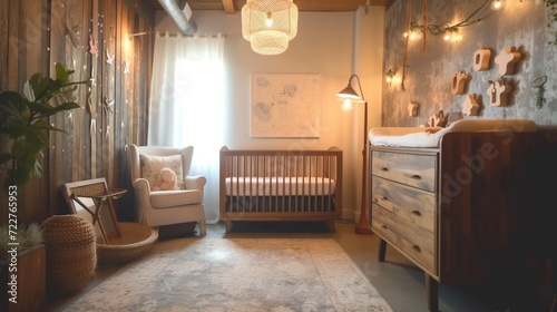 A playfully decorated nursery with adorable baby furniture  soft lighting  and charming wall art.