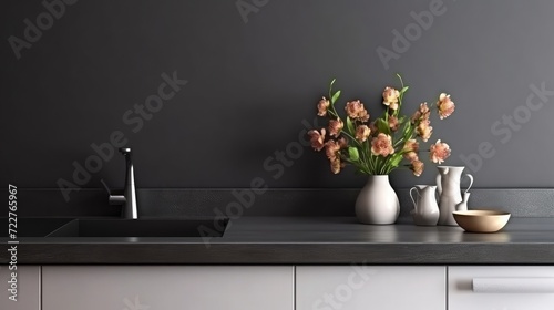 front view on kitchen cabinet furniture  sink and faucet  vase with bloom flowers  ceramic food containers and fresh basil on dark countertop