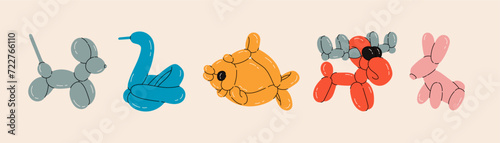 Set of balloon animals, dog, swan, fish, elk, rabbit. Birthday celebration party. Fancy abstract characters isolated vector. Colorful drawing of inflatable toys made of twisted balloons