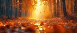 Autumnal splendor in sunlit forest with vibrant maple leaves and soft rays of light. Beautiful fall in park bright orange sunny background. Closeup leaves in nature sunshine creating abstract
