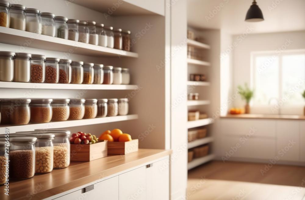 Storage organization at cupboard. Groceries in glass jars arranged on wall shelves. Organizing the kitchen pantry for foodstuff. Home design. Preserved foods, healthy eating, legumes, bulk items. Storage organization at cupboard. Groceries in glass jars arranged on wall shelves. Organizing the kitchen pantry for foodstuff. Home design. Preserved foods, healthy eating, legumes, bulk items.