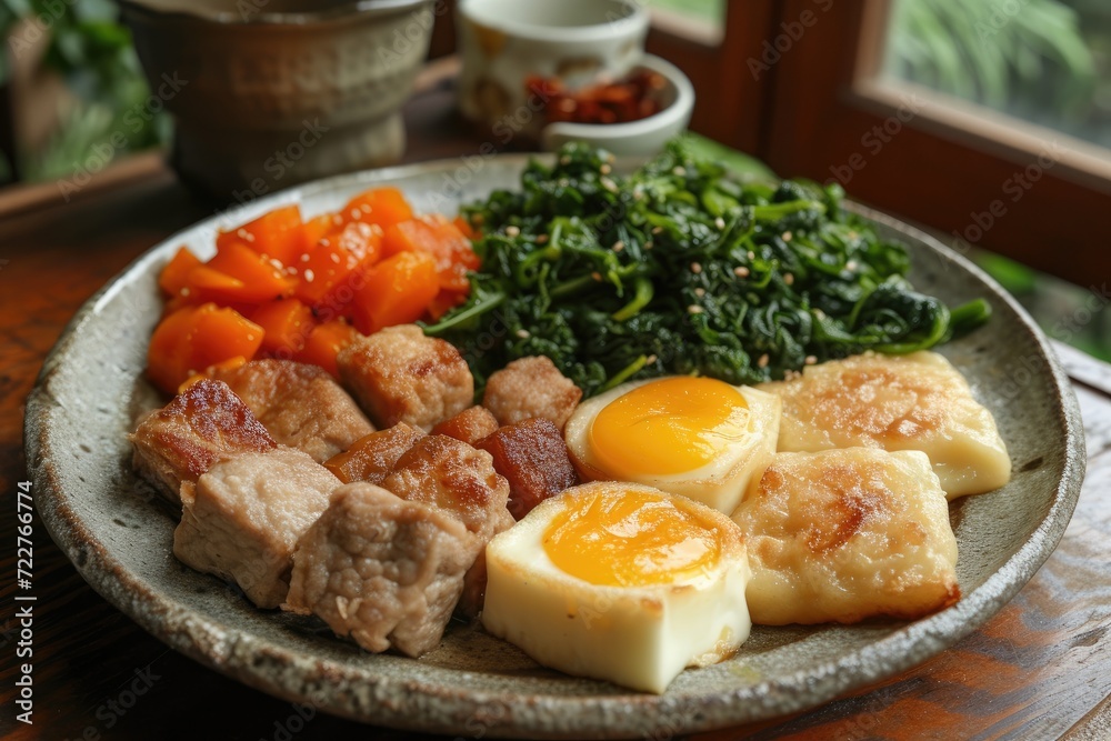 A plate of a well plated cooked Japanese dish on a table top professional advertising food photography A plate of a well plated cooked Japanese dish on a table top professional advertising food photography