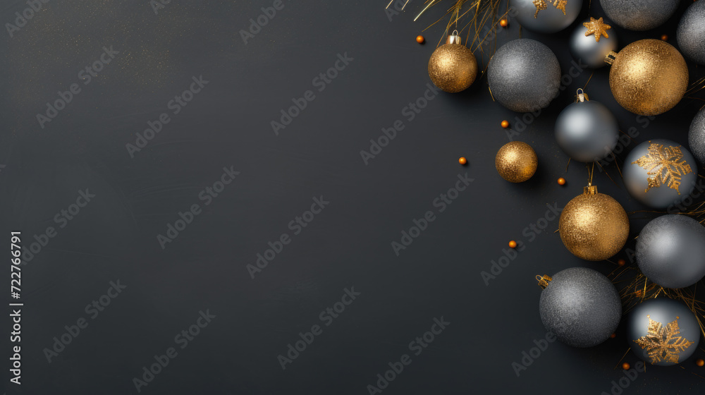 Christmas decoration card with xmas balls and christmas pendants on grey background Christmas decoration card with xmas balls and christmas pendants on grey background