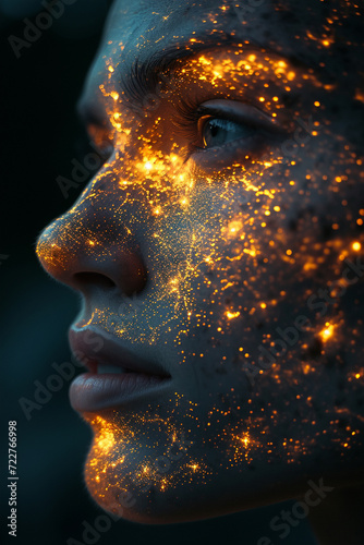 A face with glowing constellations mapping out the features 