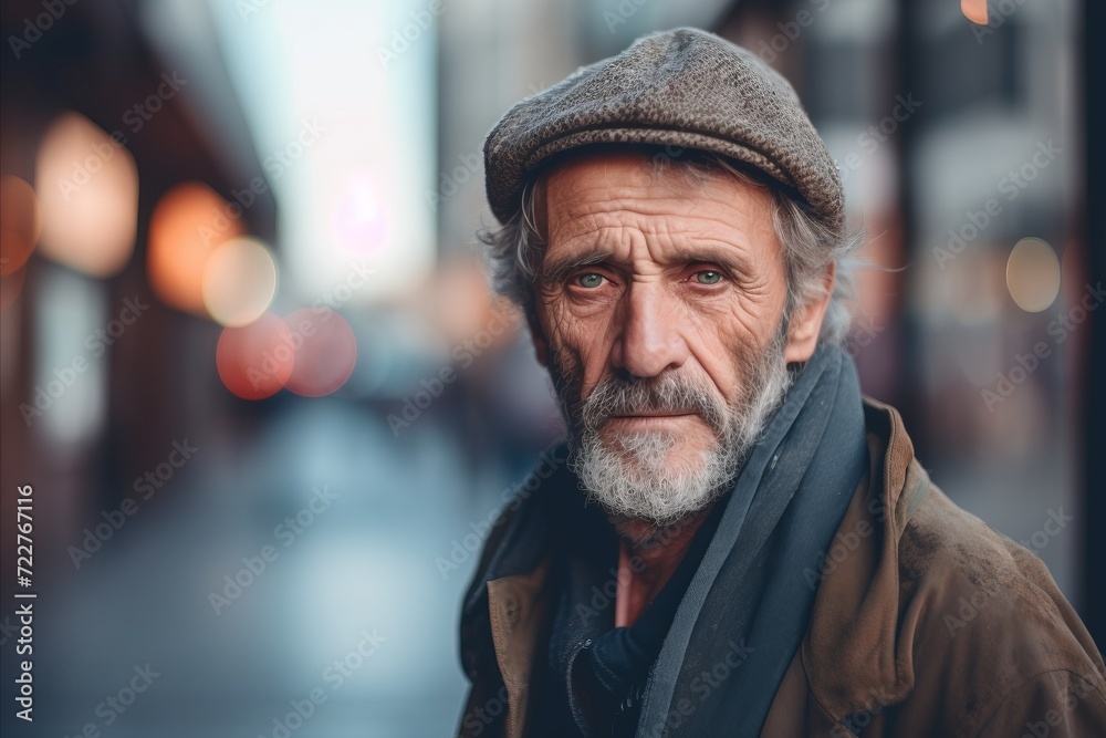 Portrait of an old man with gray beard and cap in the city.