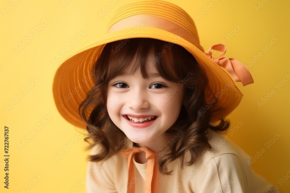 Portrait of a smiling little girl in a hat over yellow background Portrait of a smiling little girl in a hat over yellow background